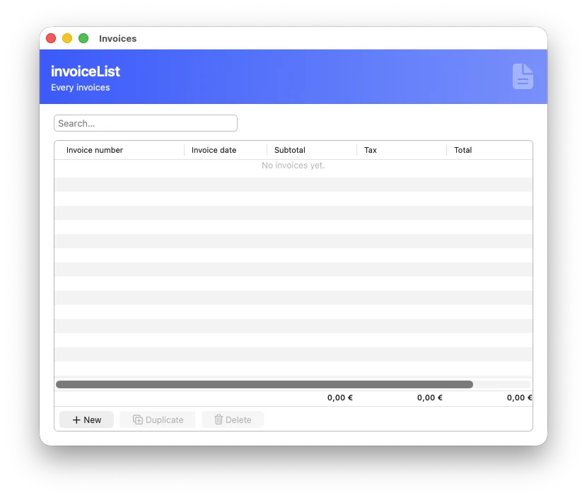 The generated invoice list with a footer under the money columns