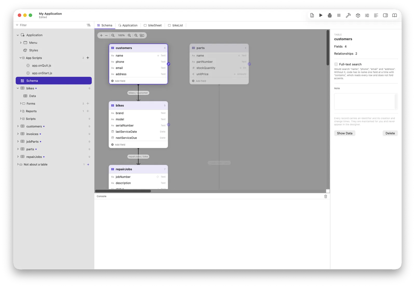 The generated schema in the IDE: customers, bikes, parts and repair jobs with relationship lines