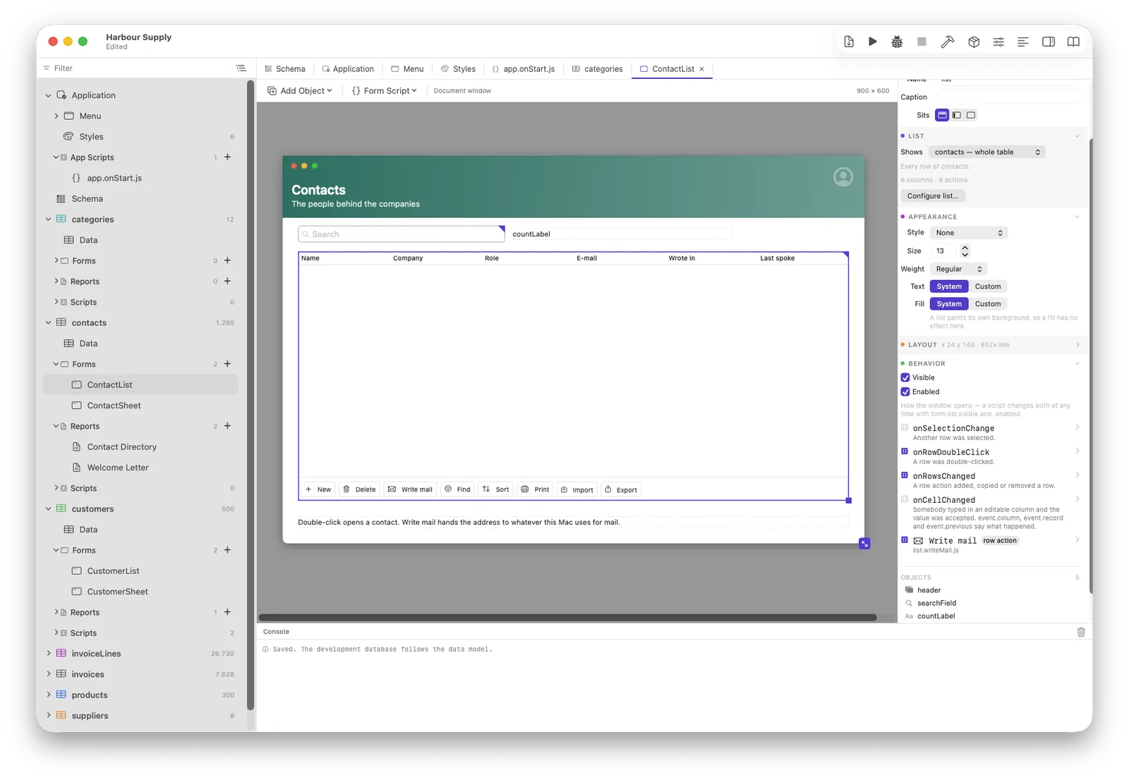 A generated list open in the designer, with its row-action bar and its events in the inspector