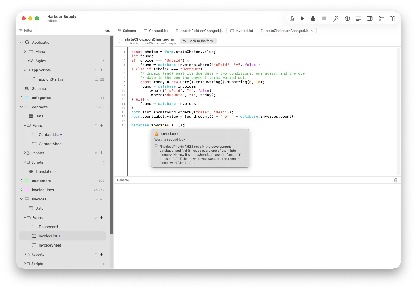 The editor underlining a bare database.invoices.all(), with a popover saying
                that invoices holds 7,628 rows in the development database