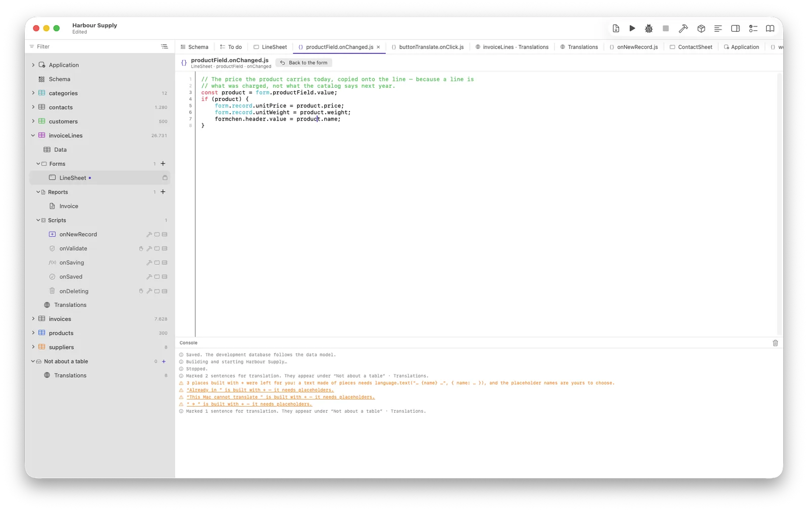 The same script after the fix: no underline, and the sidebar shows an unsaved
                change dot instead of the warning triangle