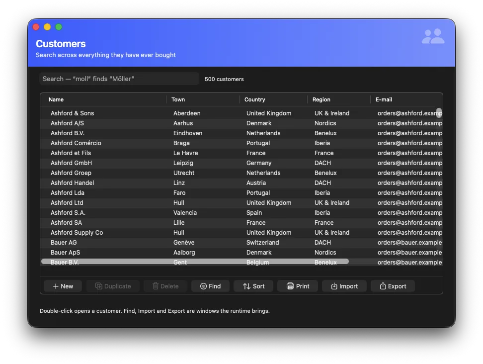 The customer list in dark appearance