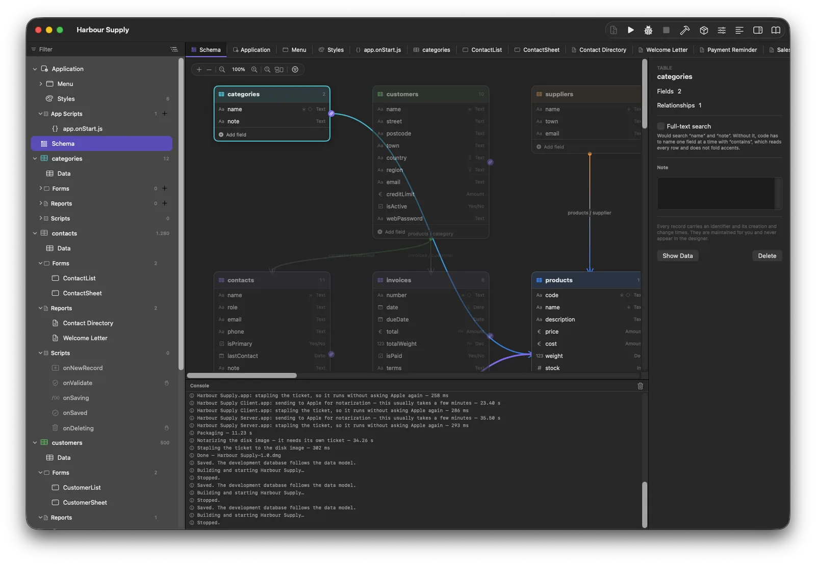 The schema canvas in dark appearance