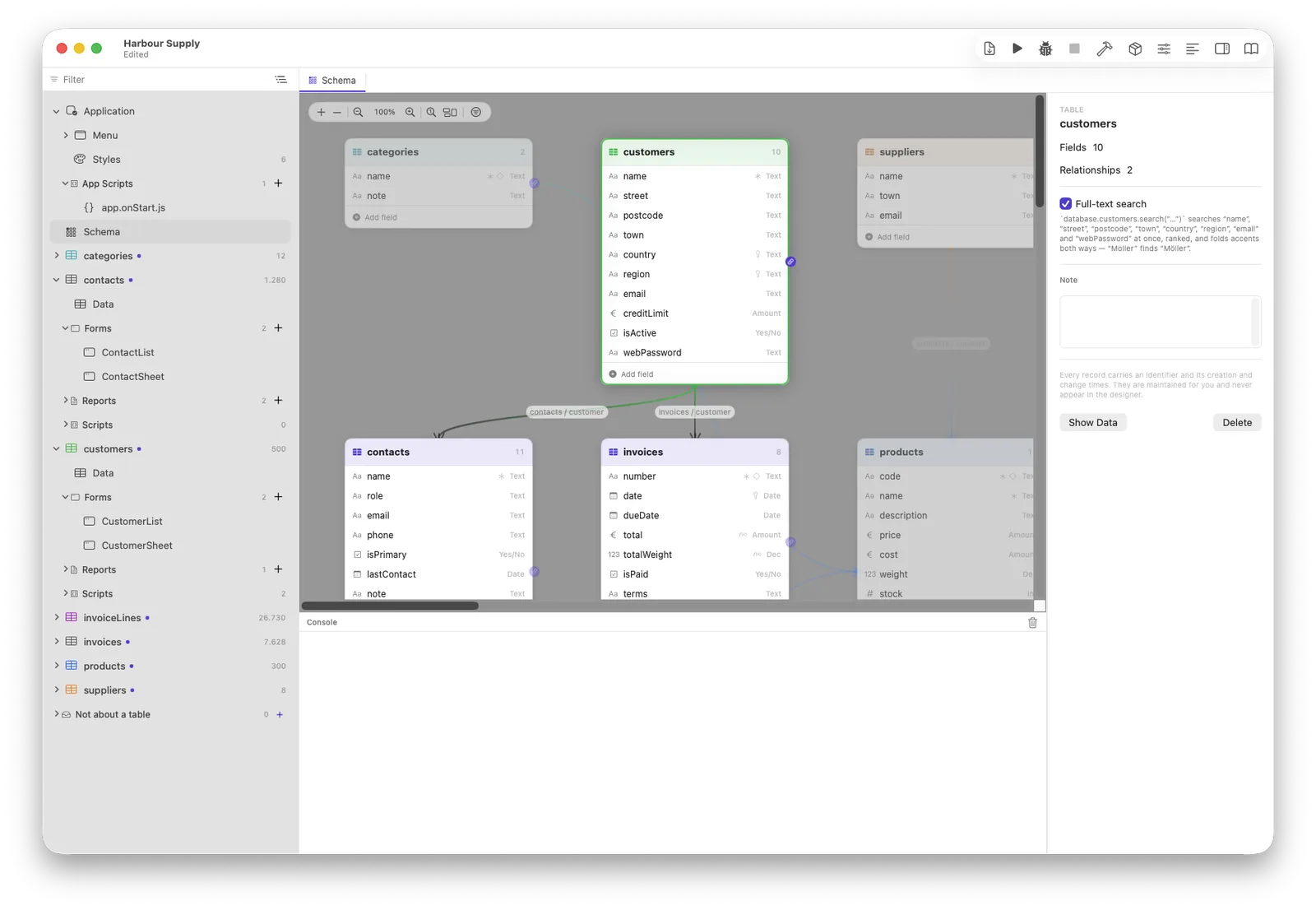 The schema canvas: tables as cards with their fields, joined by relationship lines