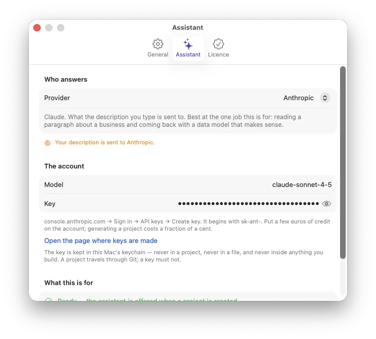 The Assistant page in Neuridion's settings: provider, model, key, and what it is for