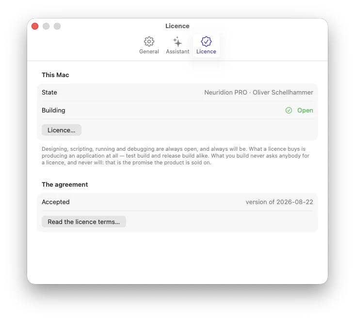 The Licence page in Neuridion's settings: the state of this Mac, whether building is open, and the accepted agreement