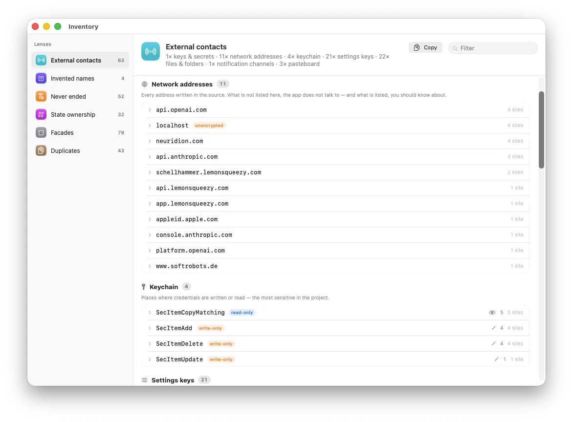 Sextant's inventory listing every network address, keychain call and settings
                  key the source contains