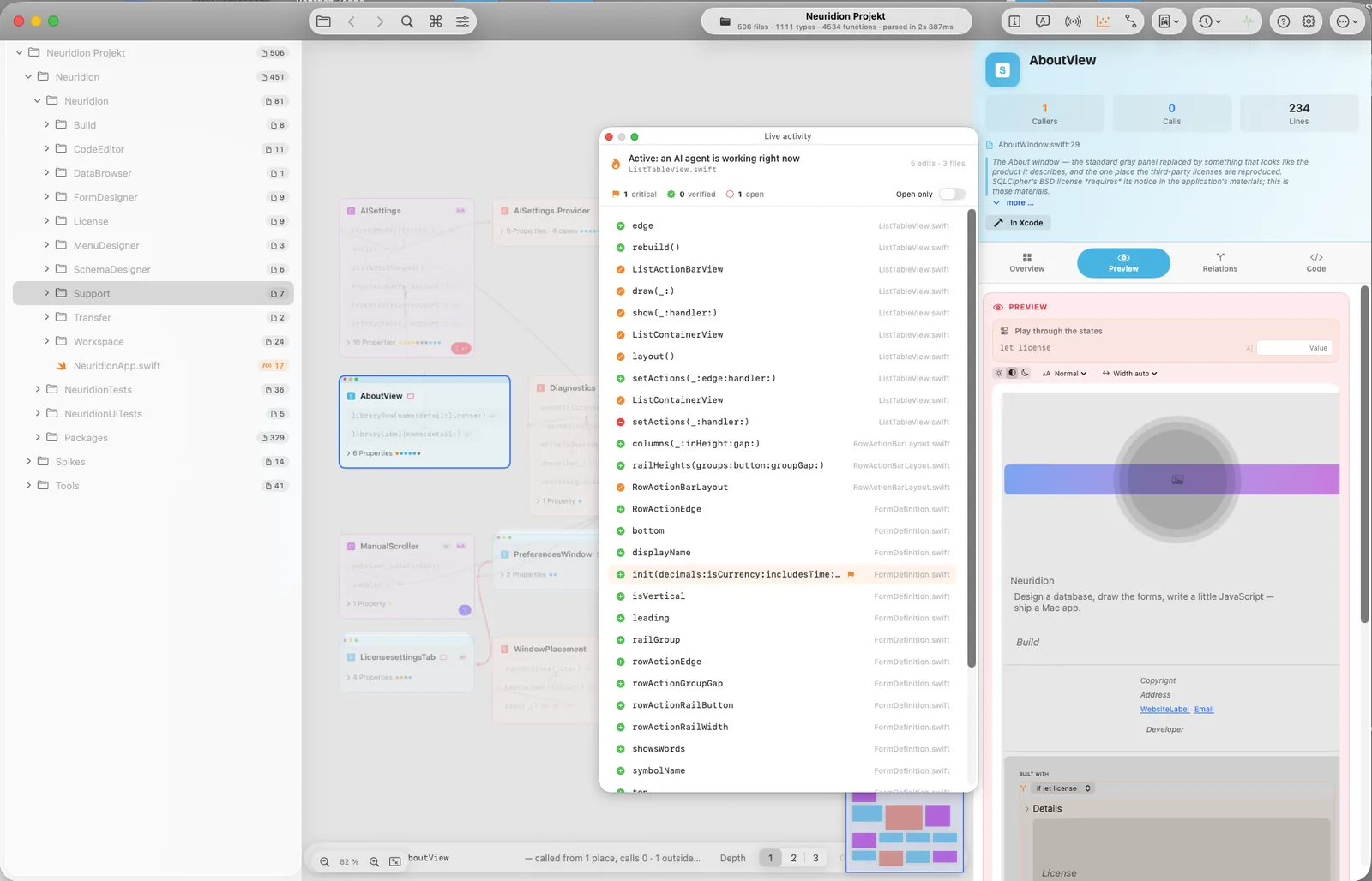 Sextant showing a live activity window: an AI agent is working right now, five
                edits across three files, with every symbol it added or changed listed by name
                and file