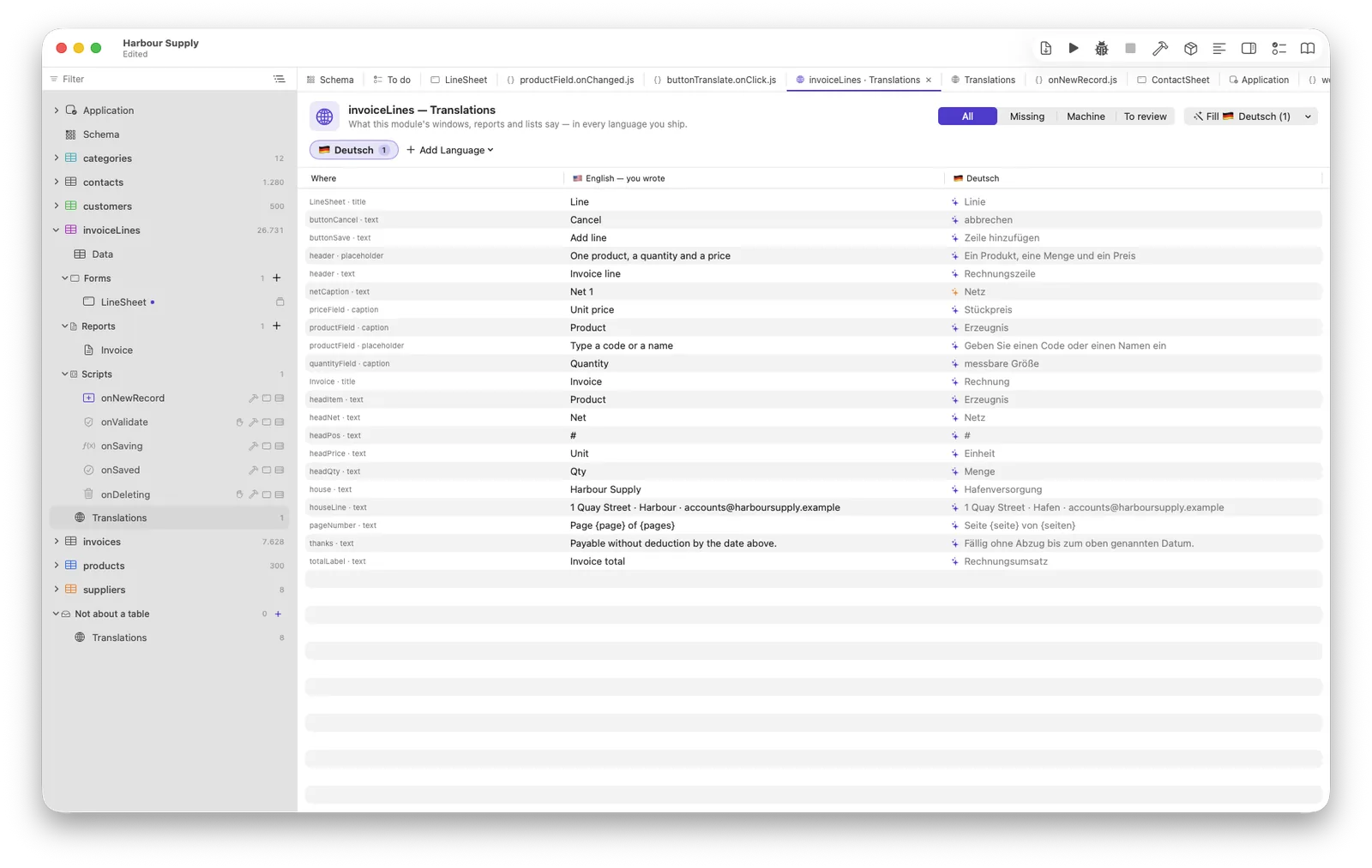 The translation editor: one row per text, the English you wrote in the middle
                column and the German translation on the right, each with a mark saying whether
                the machine or a person wrote it