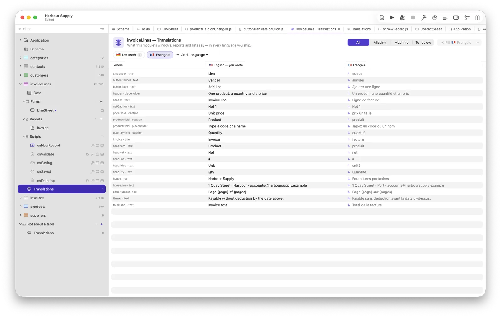 The same module in French: every caption, button and report line translated,
                with the placeholder Page {page} sur {pages} intact