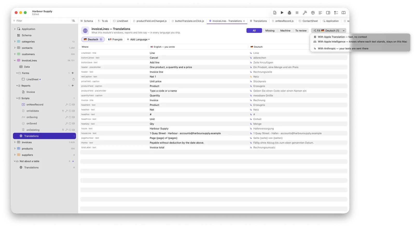 The Fill menu open with three entries: Apple Translation — fast, no context;
                Apple Intelligence — knows where each text stands, stays on this Mac;
                Anthropic — your texts are sent there