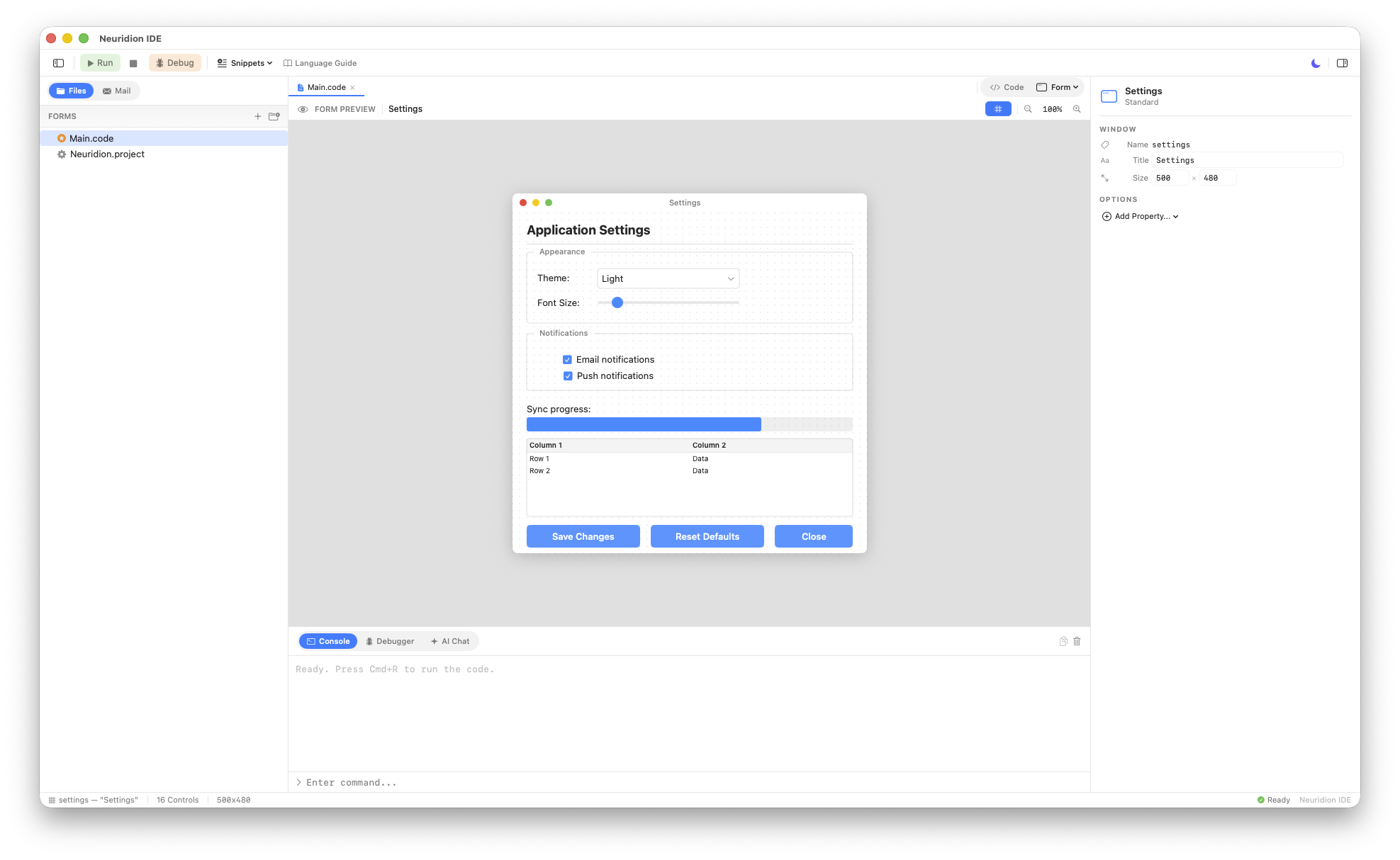 Settings form example