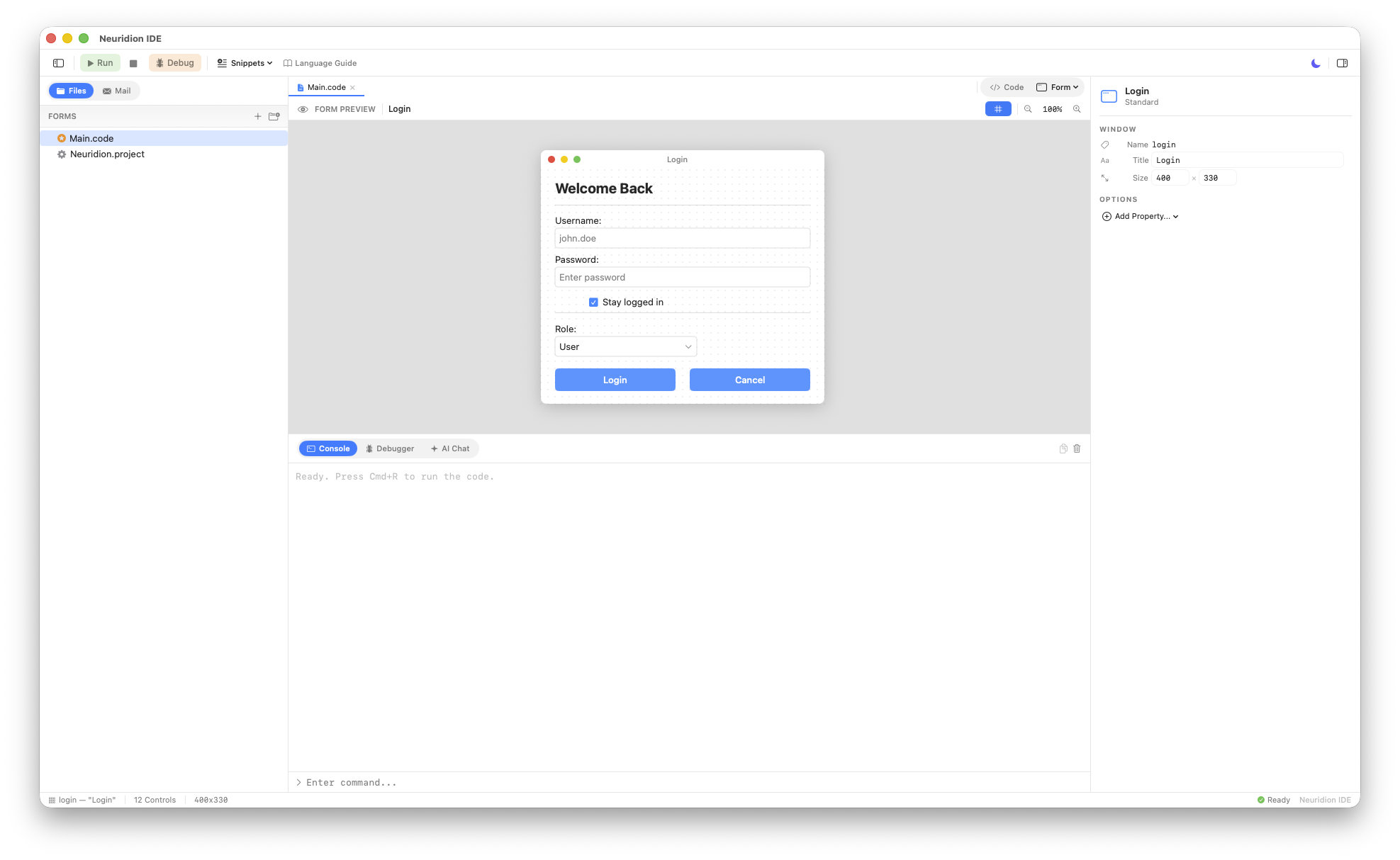 Form preview showing a login dialog