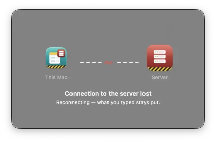 The overlay while the wire is down: this Mac, a broken line, the server