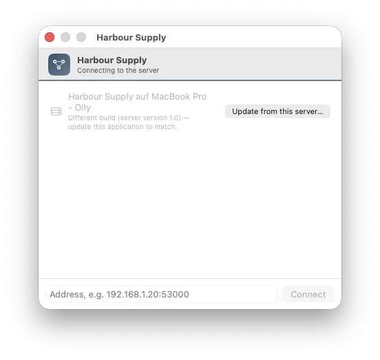 A client meeting a server of a different build: the row greyed out, with an Update button
