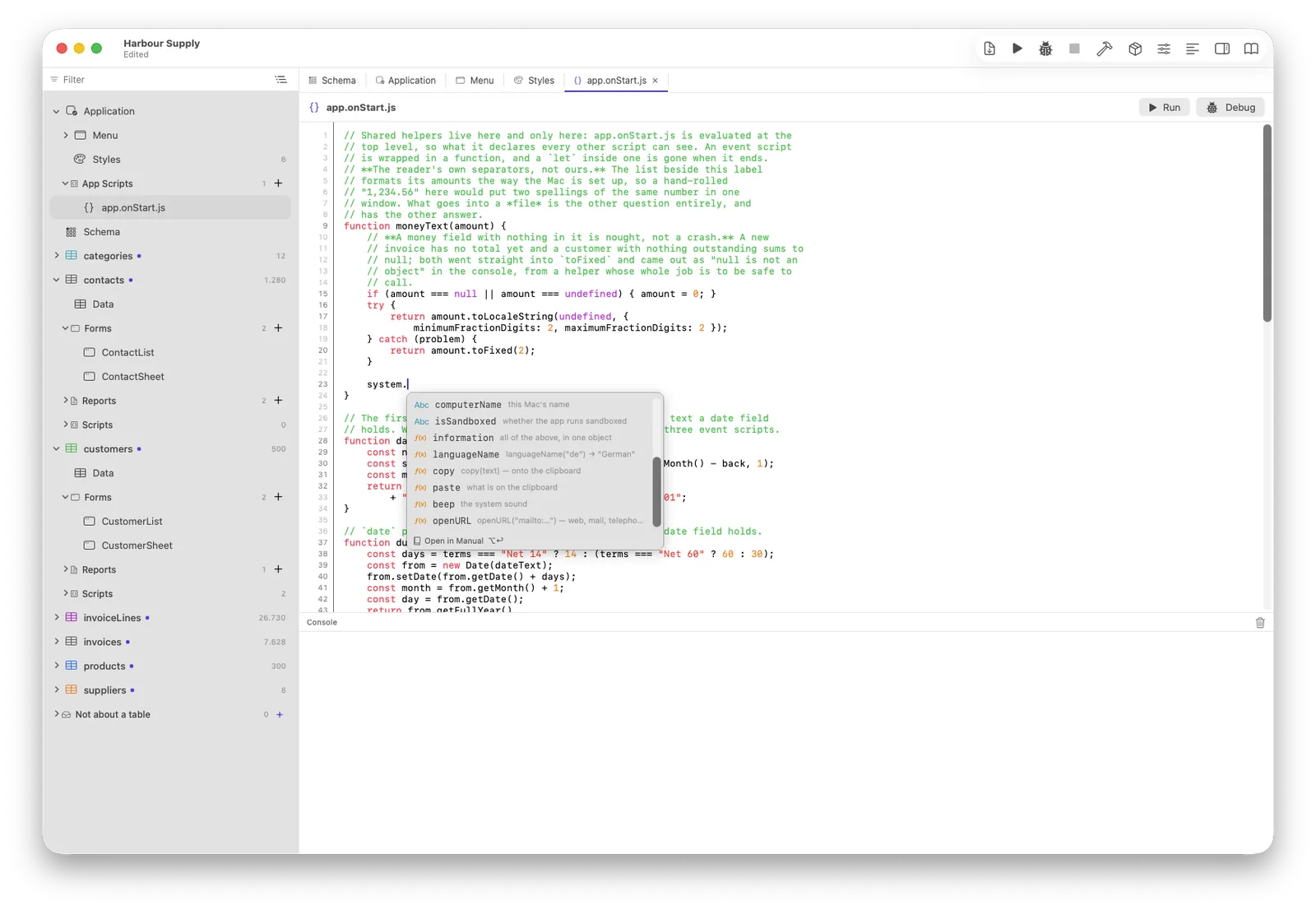 The completion list on system., every entry with its one-line explanation