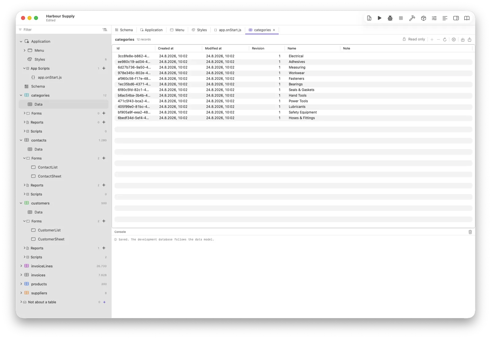 The data browser showing a table with its system fields
