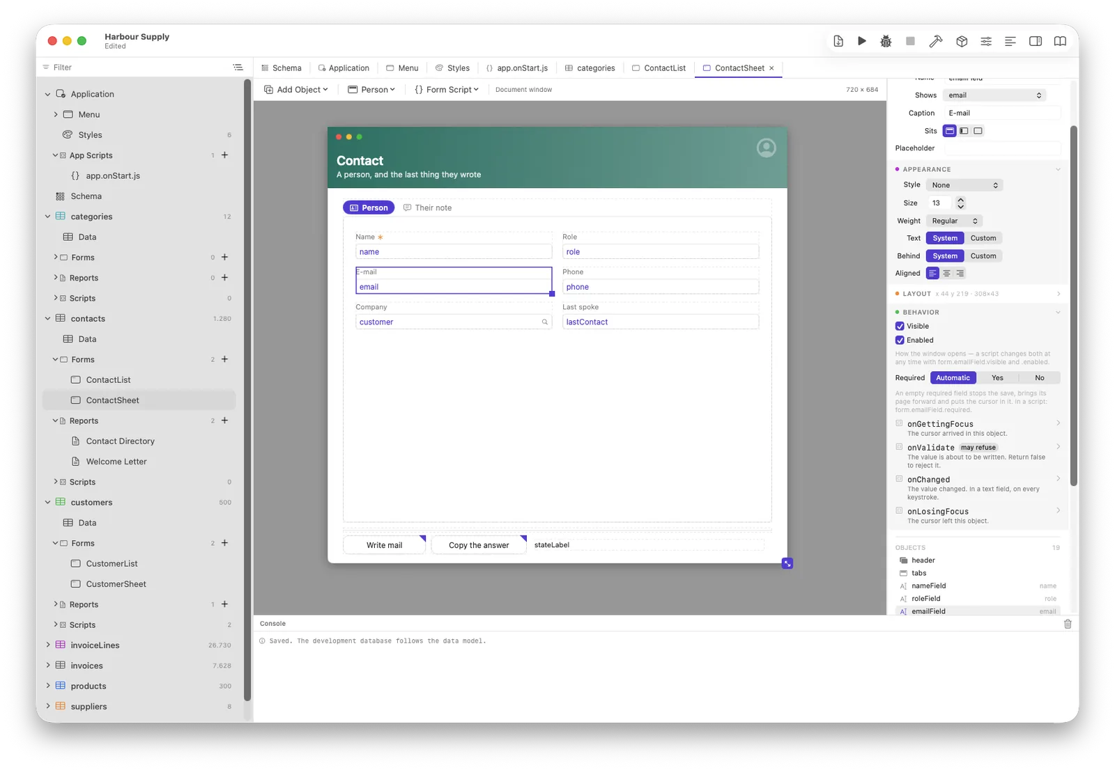 One field selected in the designer, with everything the inspector knows about it