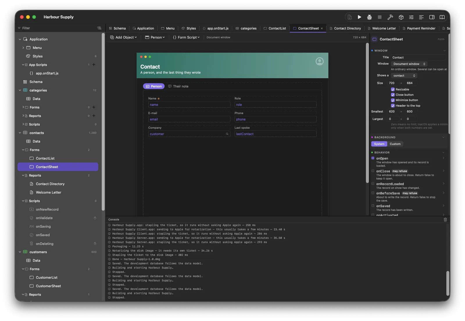 The form designer: canvas, inspector, objects