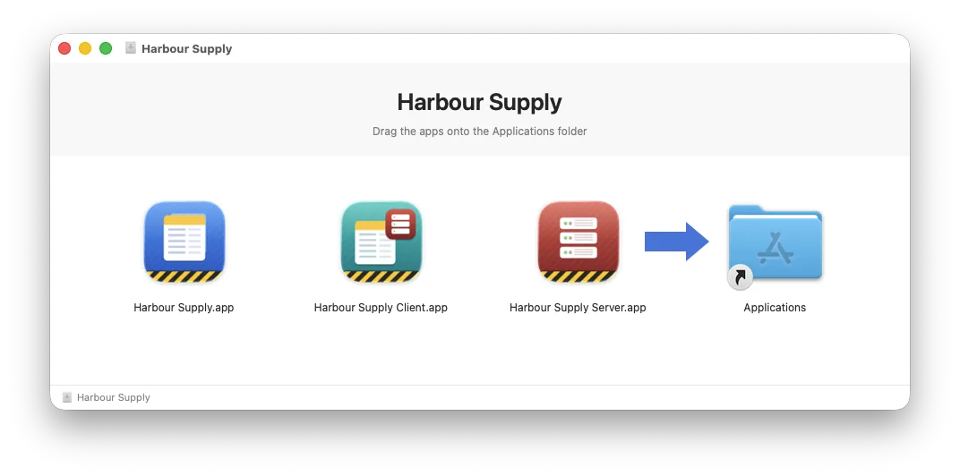 The finished disk image: three application icons and an arrow to the Applications folder