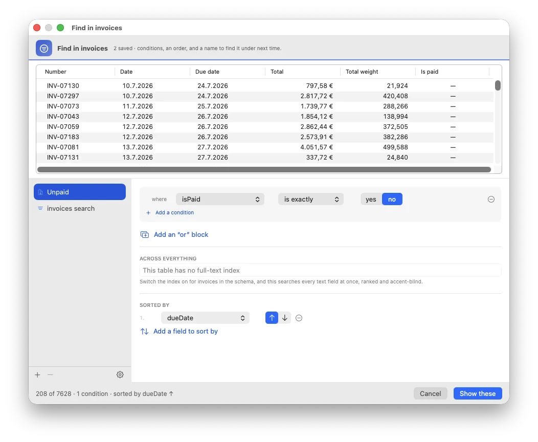 The find window: saved searches, conditions, an order, and the count in the footer