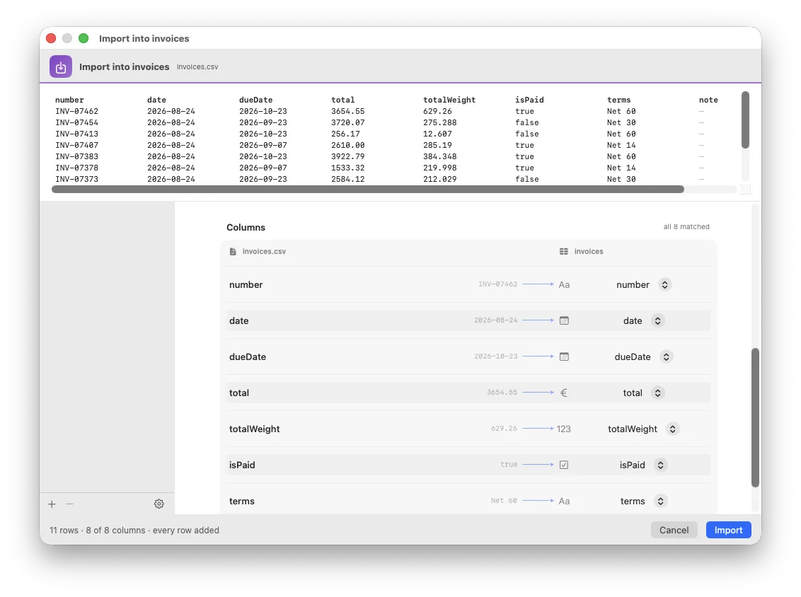 The import window: the file above, one band per column below, a wire to each field