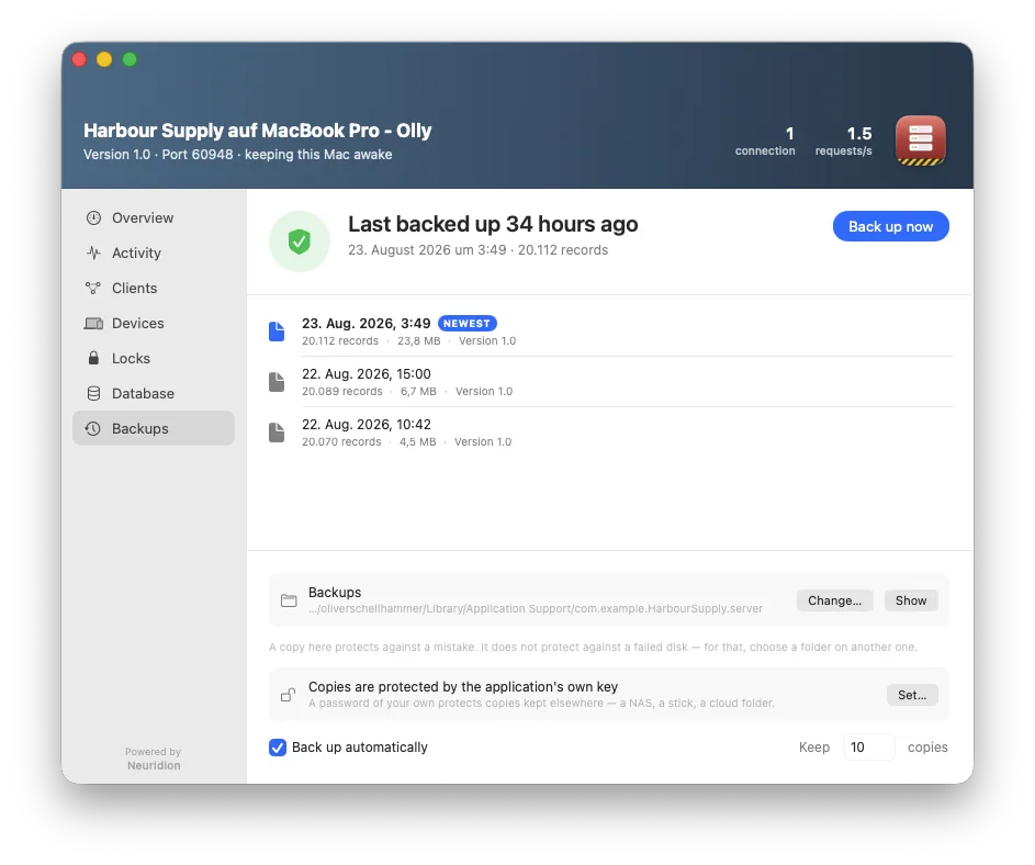 The backup page: how long ago the last copy was taken, the packages, the folder