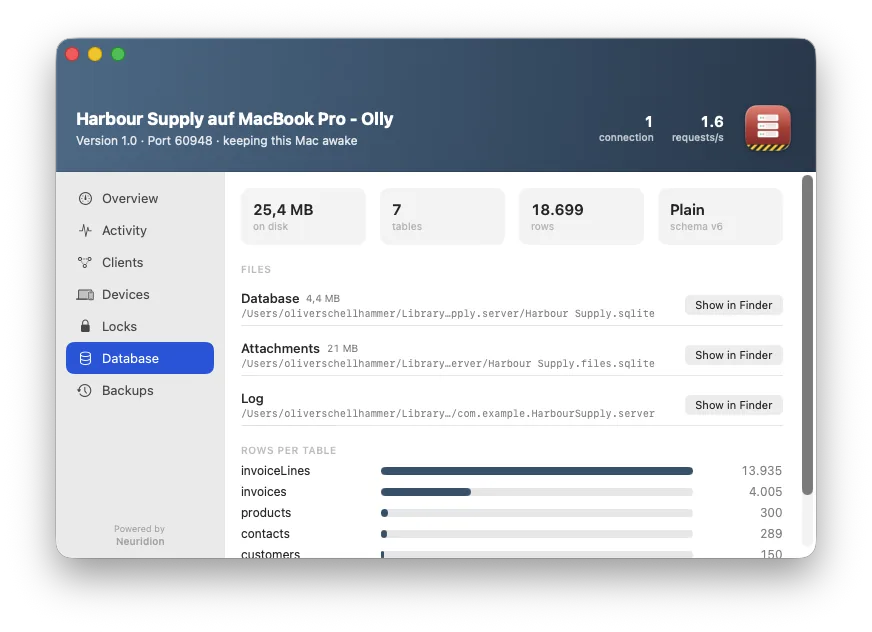 The Database page: size on disk, tables, rows, and where the files actually are