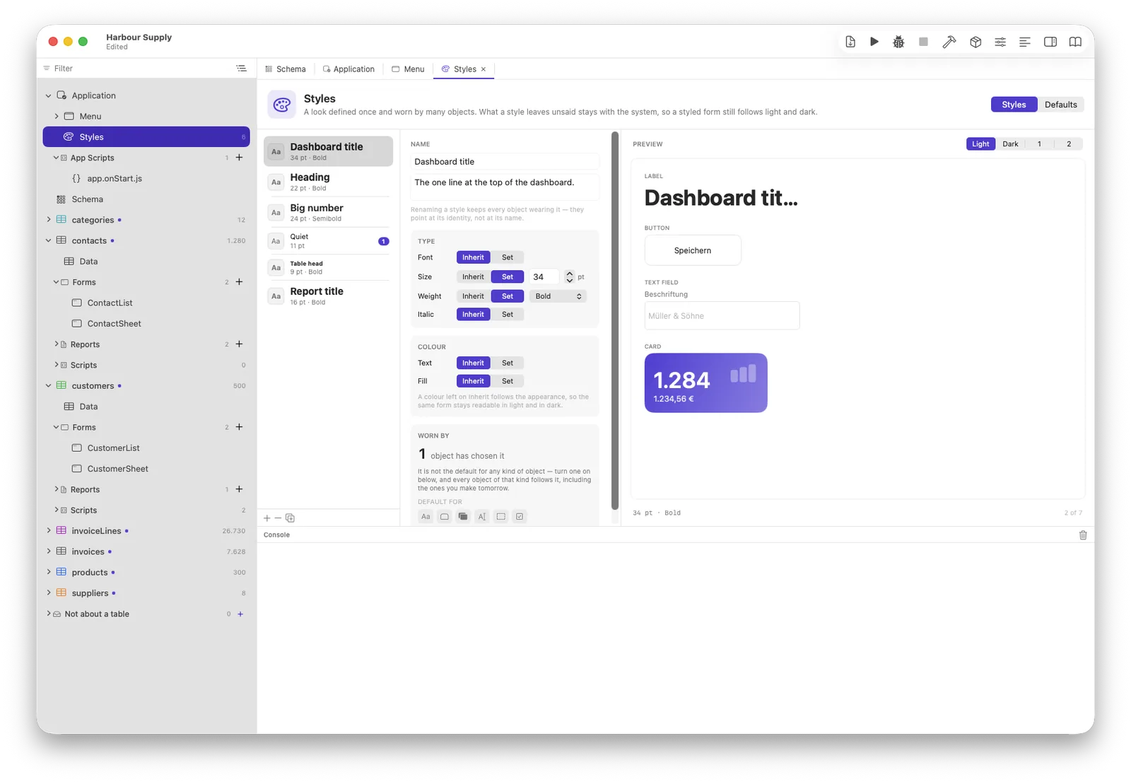 The Styles tab: the styles of a project, what each sets, and a live preview in light and dark