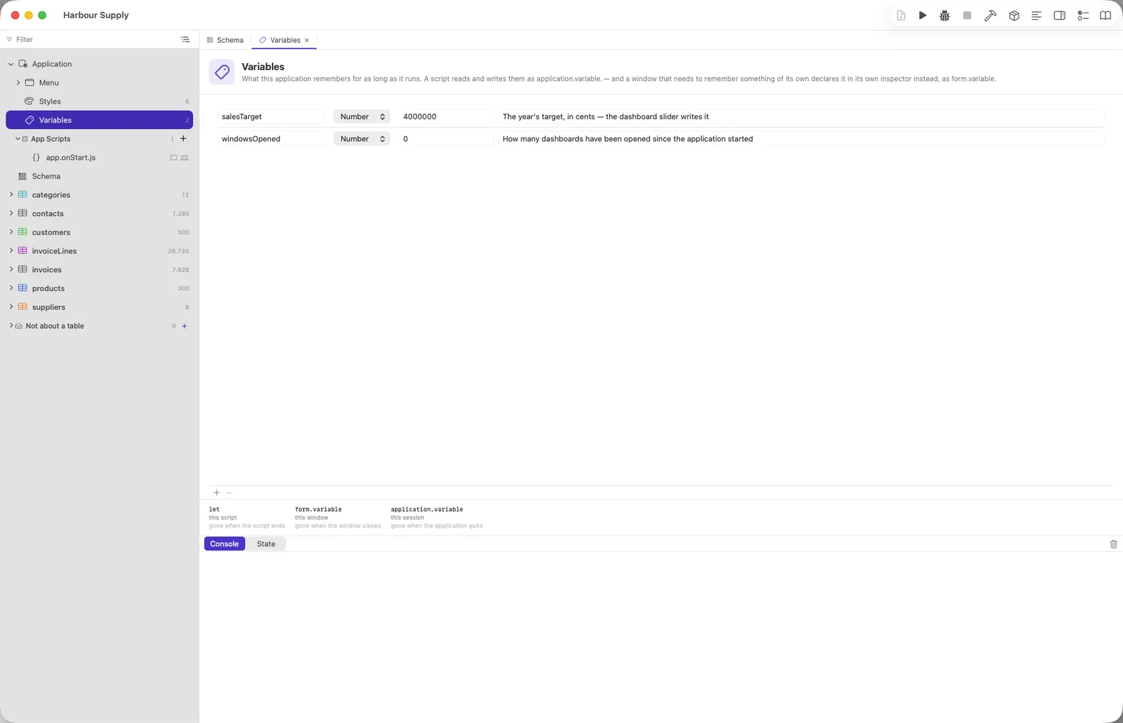 The Variables page under Application: name, type, starting value and a note for each